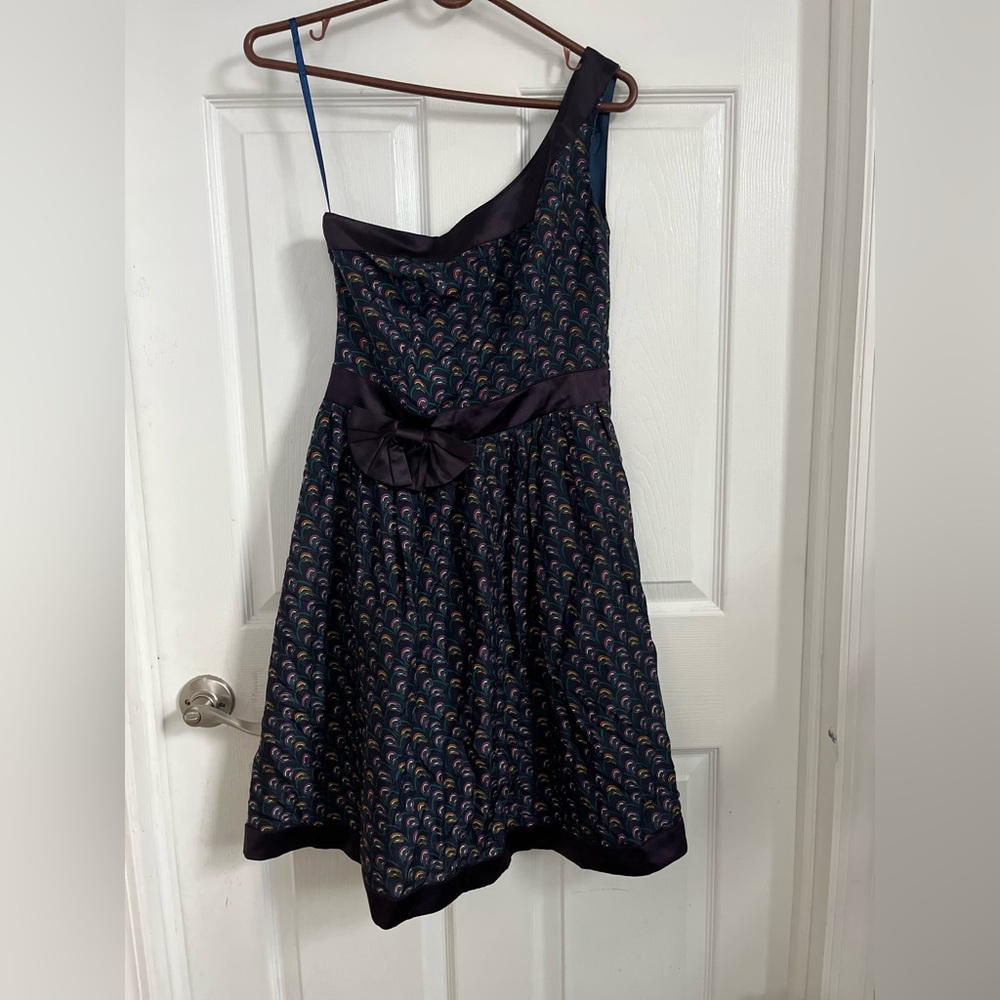 Girls Navy Patterned Party Dress with Satin Bow